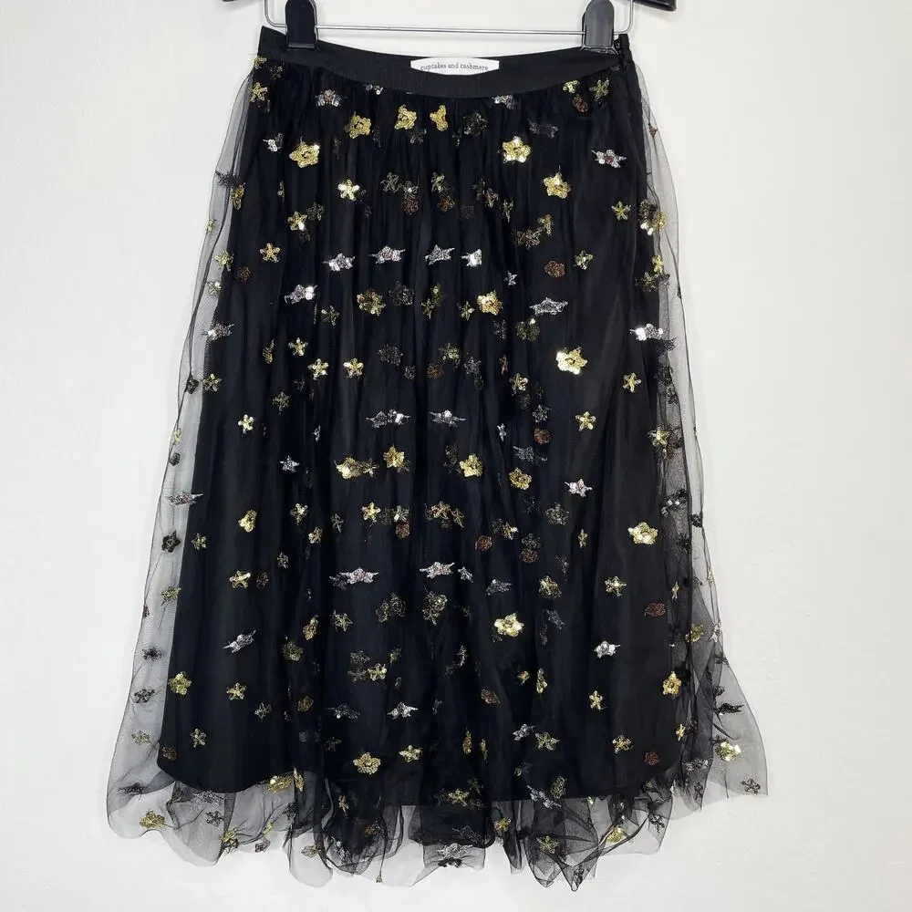 Cupcakes and Cashmere Scarlet Sequin Celestial Star Layered Tulle Midi Skirt XS